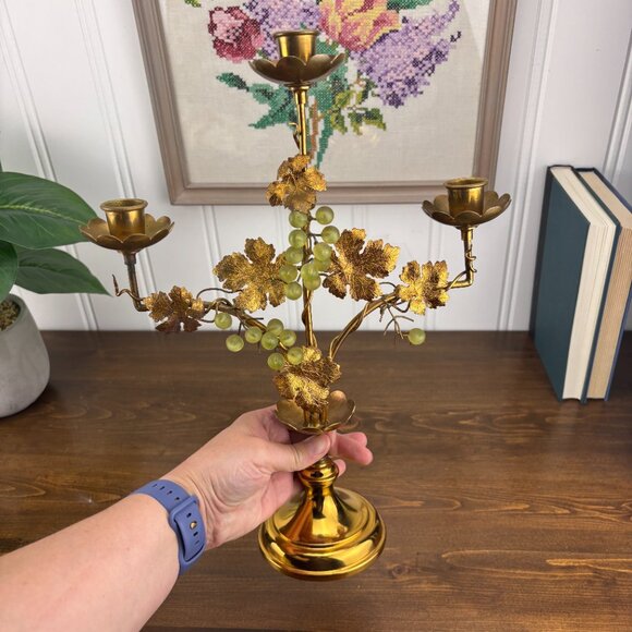 Vintage Brass Grapevine Candelabra Hollywood Regency 3 Taper Candle Holder - Picture 9 of 13